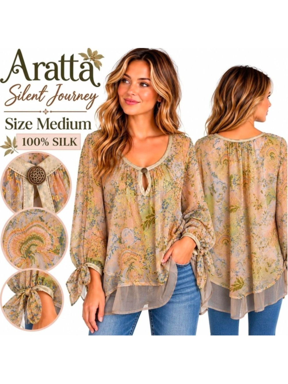 Aratta Silent Journey 100% Silk Floral Gold Metallic Boho Tunic Blouse Medium